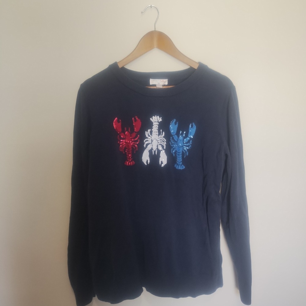 Liberty Belles Kim Gravel Lobster Sweater Women Large Navy Blue Sequin Coastal